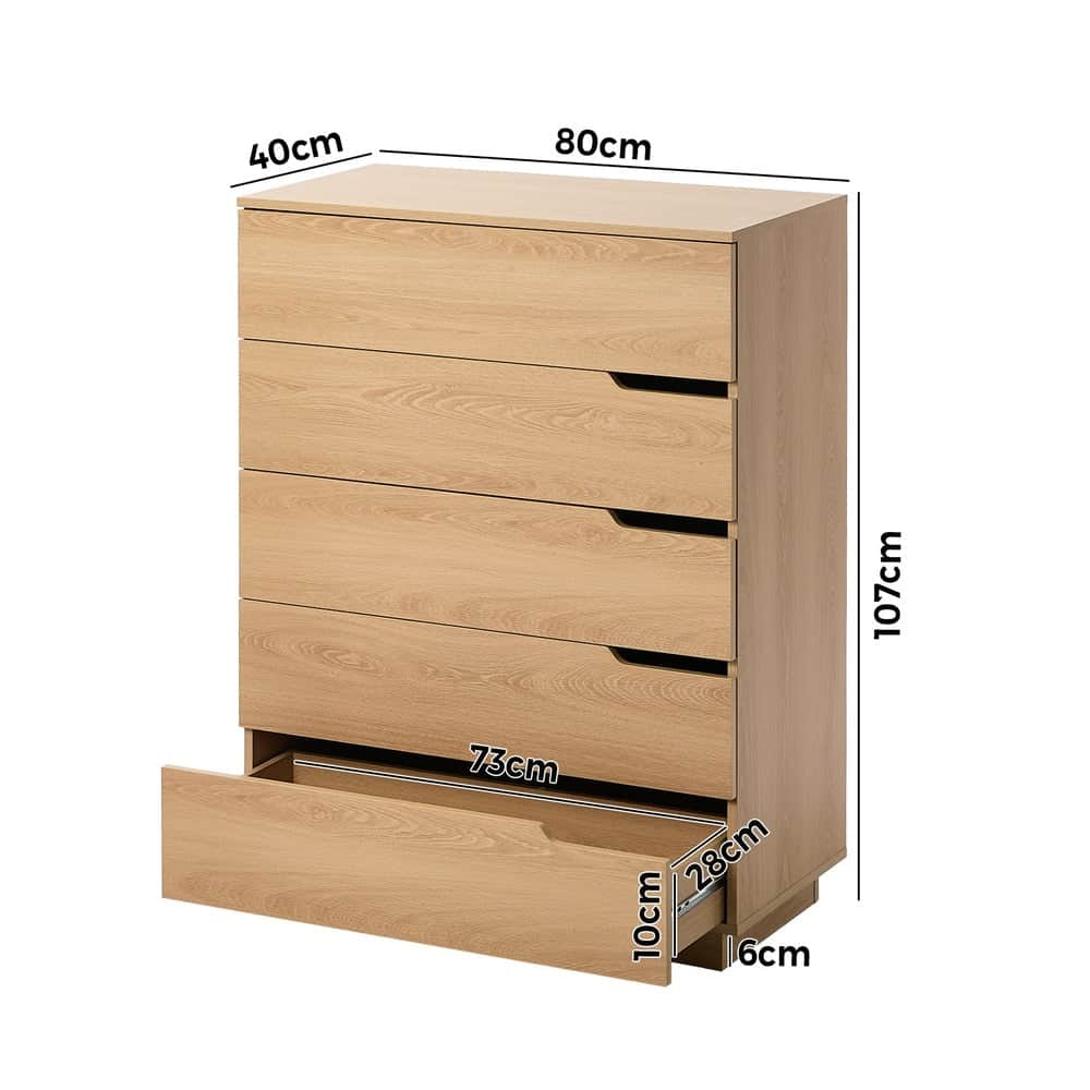 Natural Wood 5-Drawer Tallboy Chest of Drawers Bedroom Storage Cabinet
