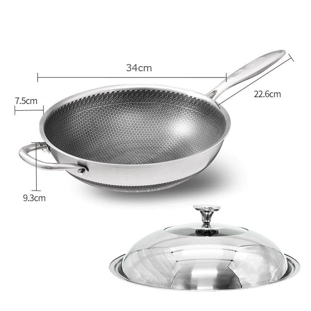 Non-Stick Stir Fry Cooking Kitchen Wok Pan With Lid Honeycomb Double Sided