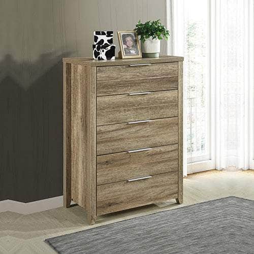 Oak-Colored Tallboy With 5 Storage Drawers