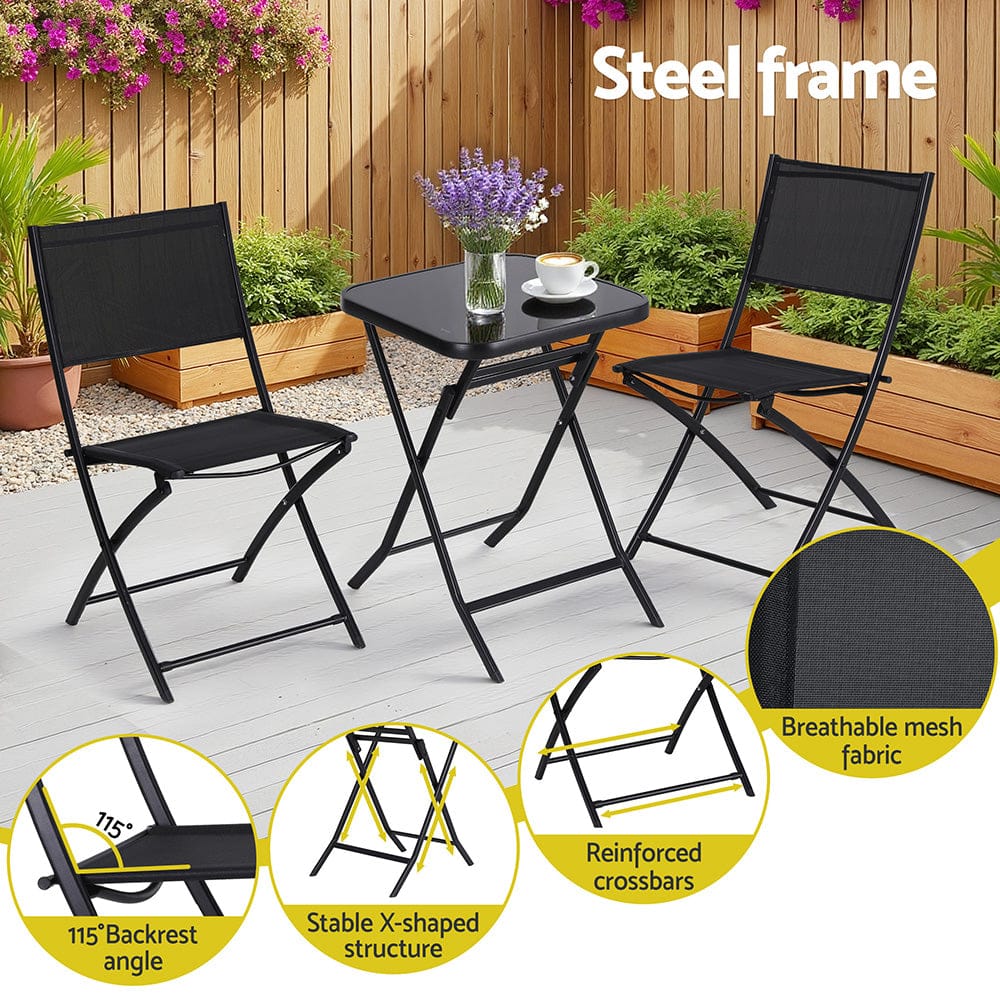 Black colour - Outdoor Bistro Set Folding Table and Chairs Patio Furniture Garden Steel Black