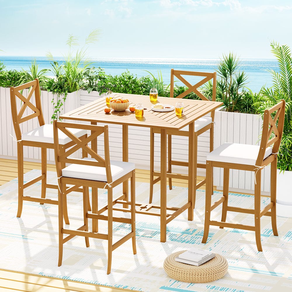 5-Piece Outdoor Bar Set Acacia Wood Bistro Patio Table Stools | Acacia finish