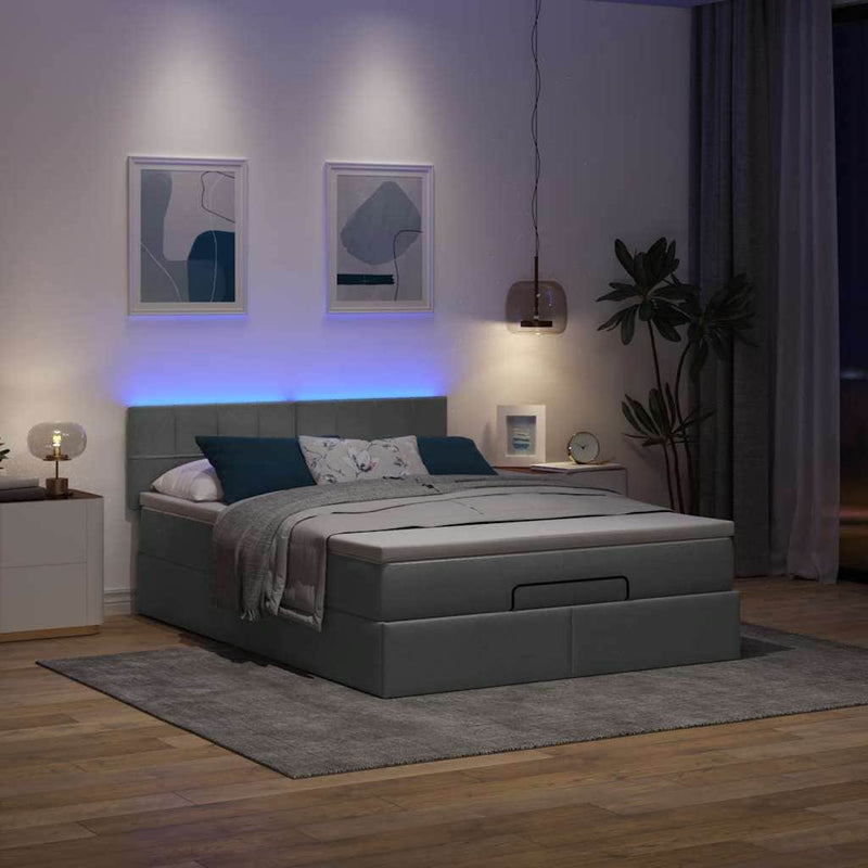 Grey colour - Ottoman Bed with Mattress & LEDs Dark Grey - Queen Fabric