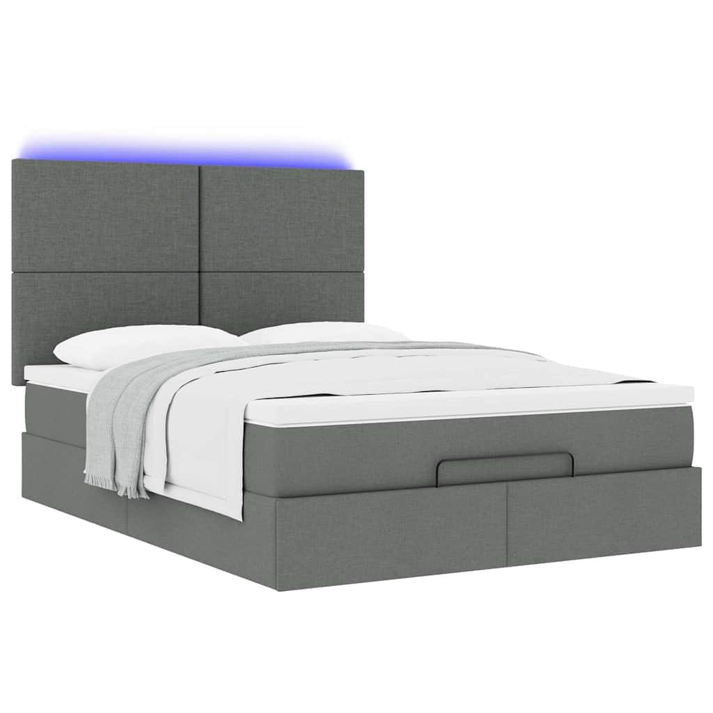 Ottoman Bed with Mattress & LEDs Dark Grey Queen- - Fabric