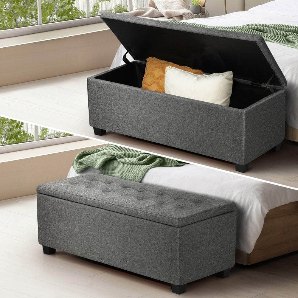 Ottoman Foot Stool: Spacious Toy Chest with Stylish Faux Linen Design-Grey\Light Grey