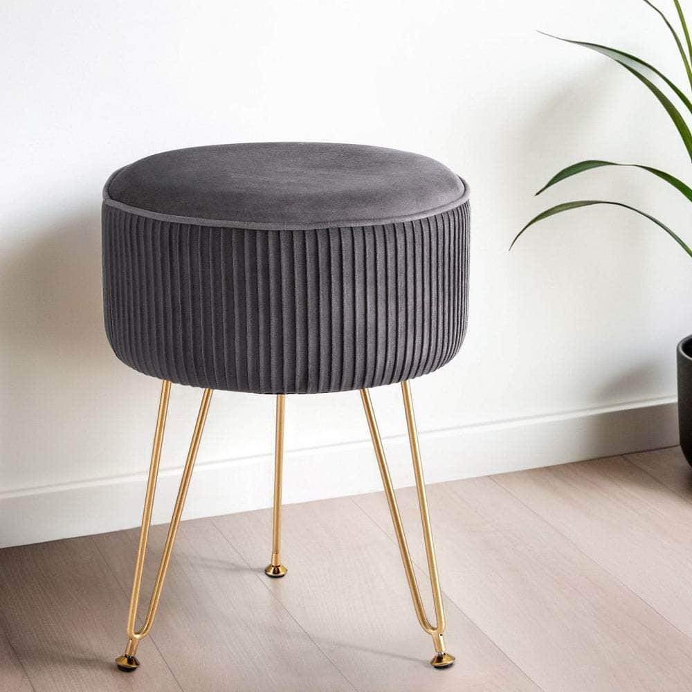 Ottoman Foot Stool Vanity Velvet Round Grey - Grey colour