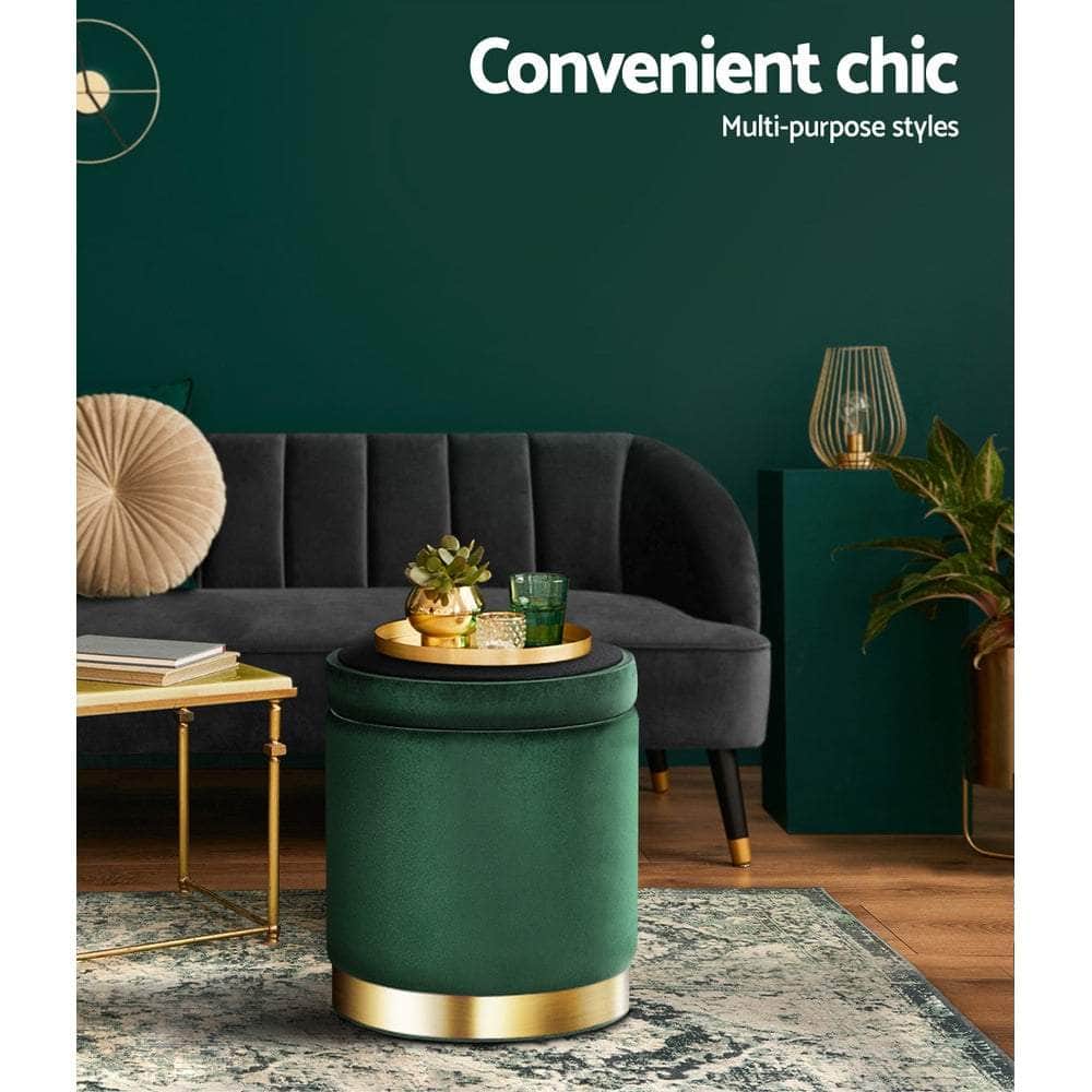 Ottoman Storage Foot Stool Round Velvet Green