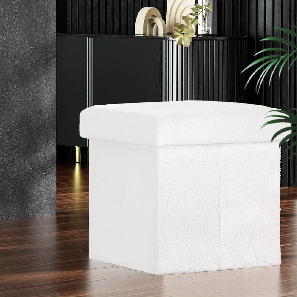 Ottoman Storage Foot Stool Square Teddy Fabric White, Ottomans & Footstools