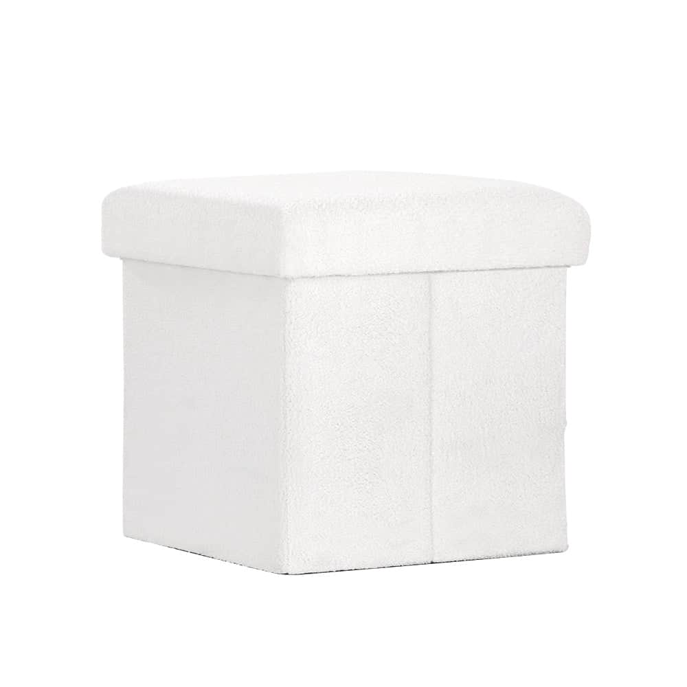 Ottoman Storage Foot Stool Square Teddy Fabric White - White colour