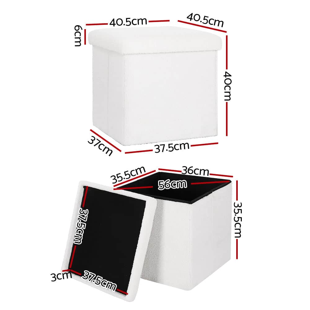 Ottoman Storage Foot Stool Square Teddy Fabric White, White colour