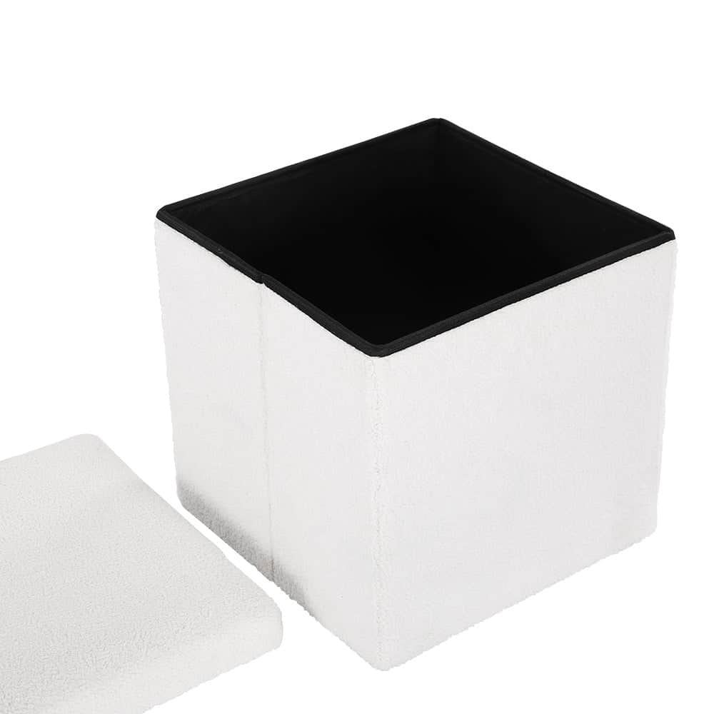 Ottoman Storage Foot Stool Square Teddy Fabric White, Fabric finish