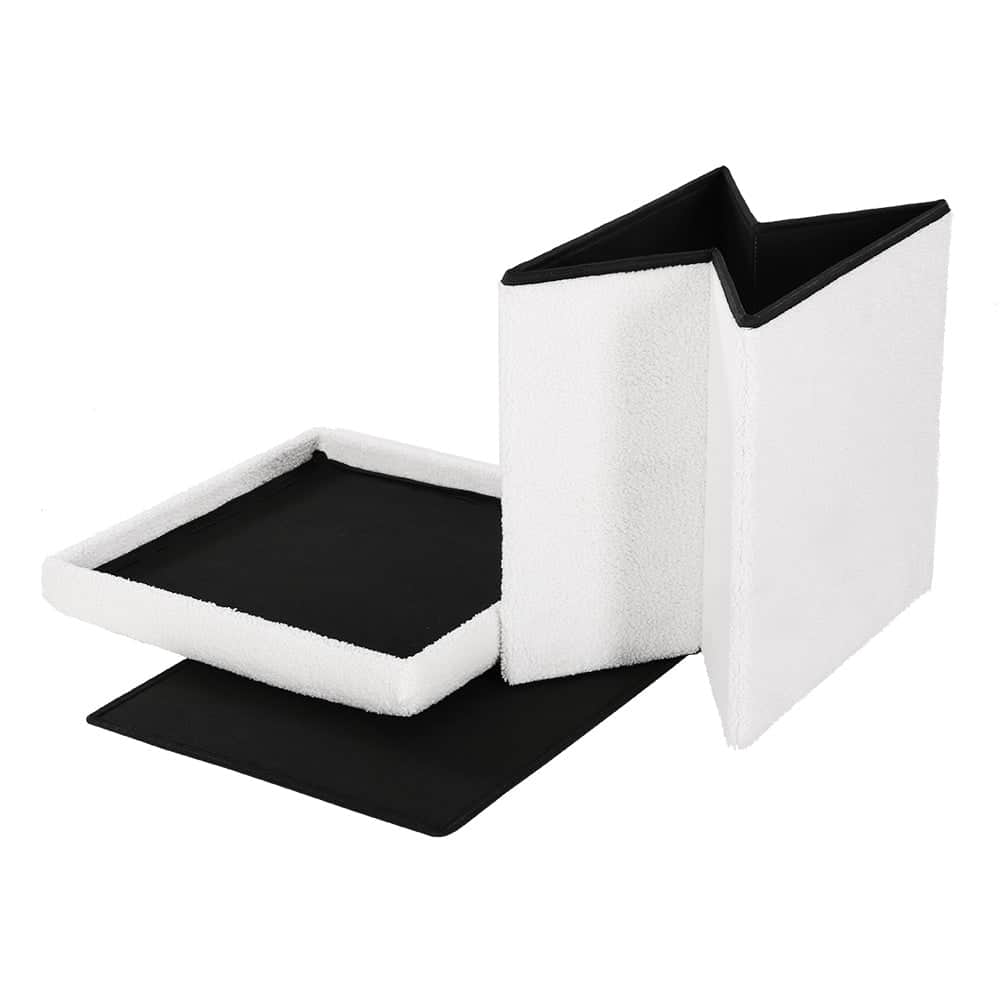 Ottoman Storage Foot Stool Square Teddy Fabric White with Ottomans & Footstools