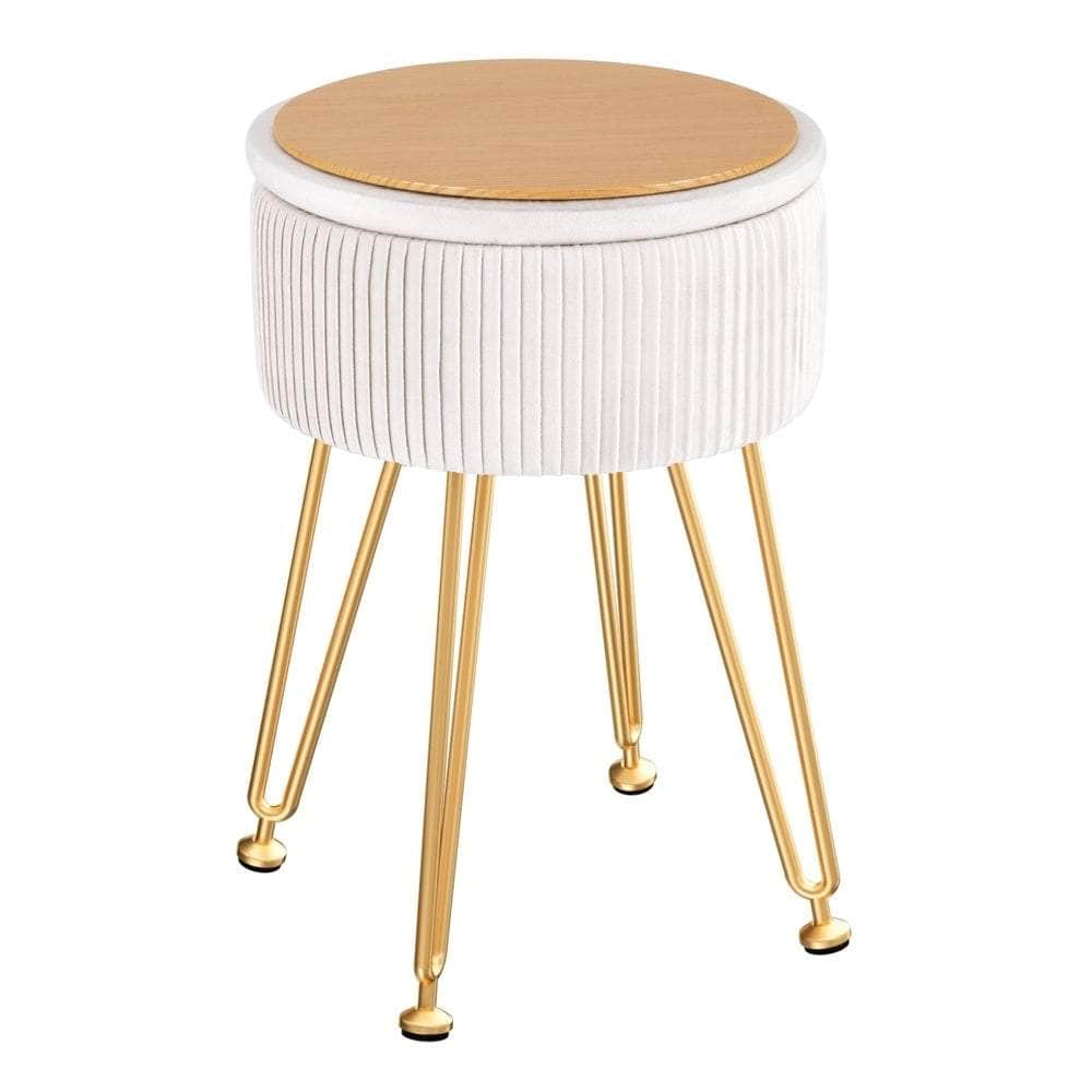 Ottoman Storage Foot Stool Vanity Velvet Round White, Velvet finish