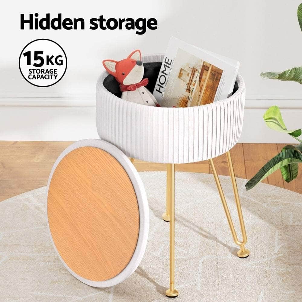 Ottoman Storage Foot Stool Vanity Velvet Round White with White colour