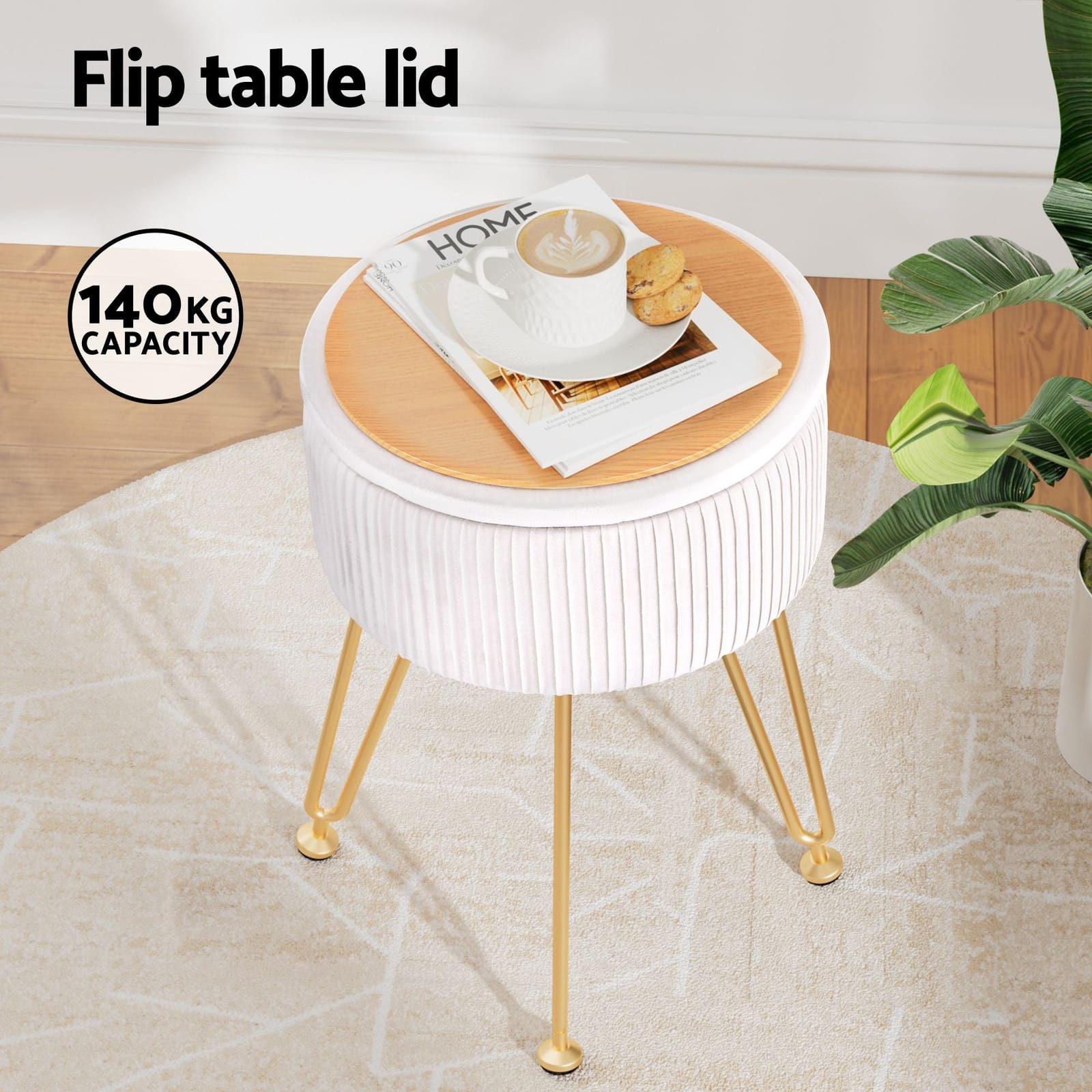 Ottoman Storage Foot Stool Vanity Velvet Round White with Ottomans & Footstools - photo 16