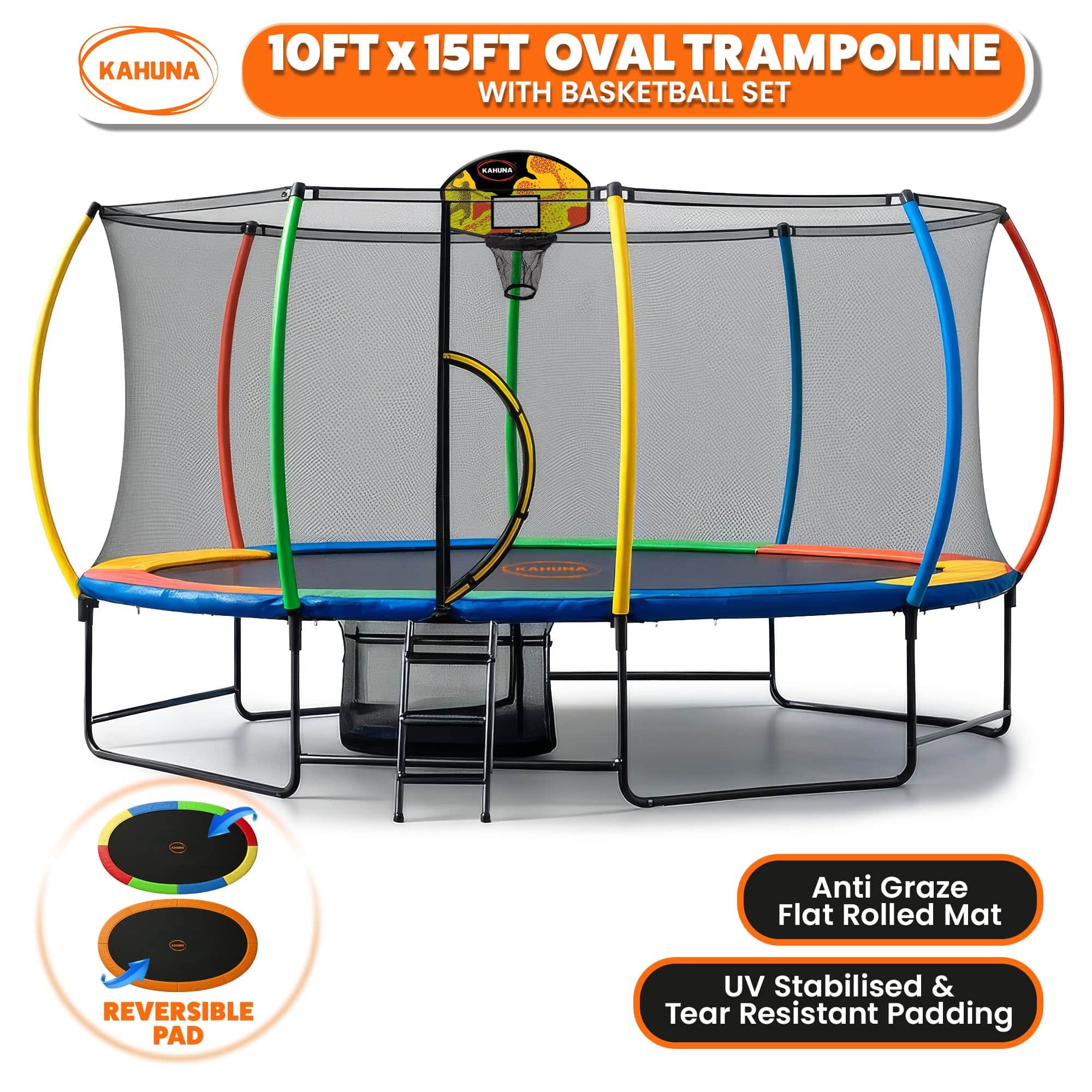 Outdoor 10x15ft Oval Trampoline w/ Basketball Set Rainbow Safety Pad