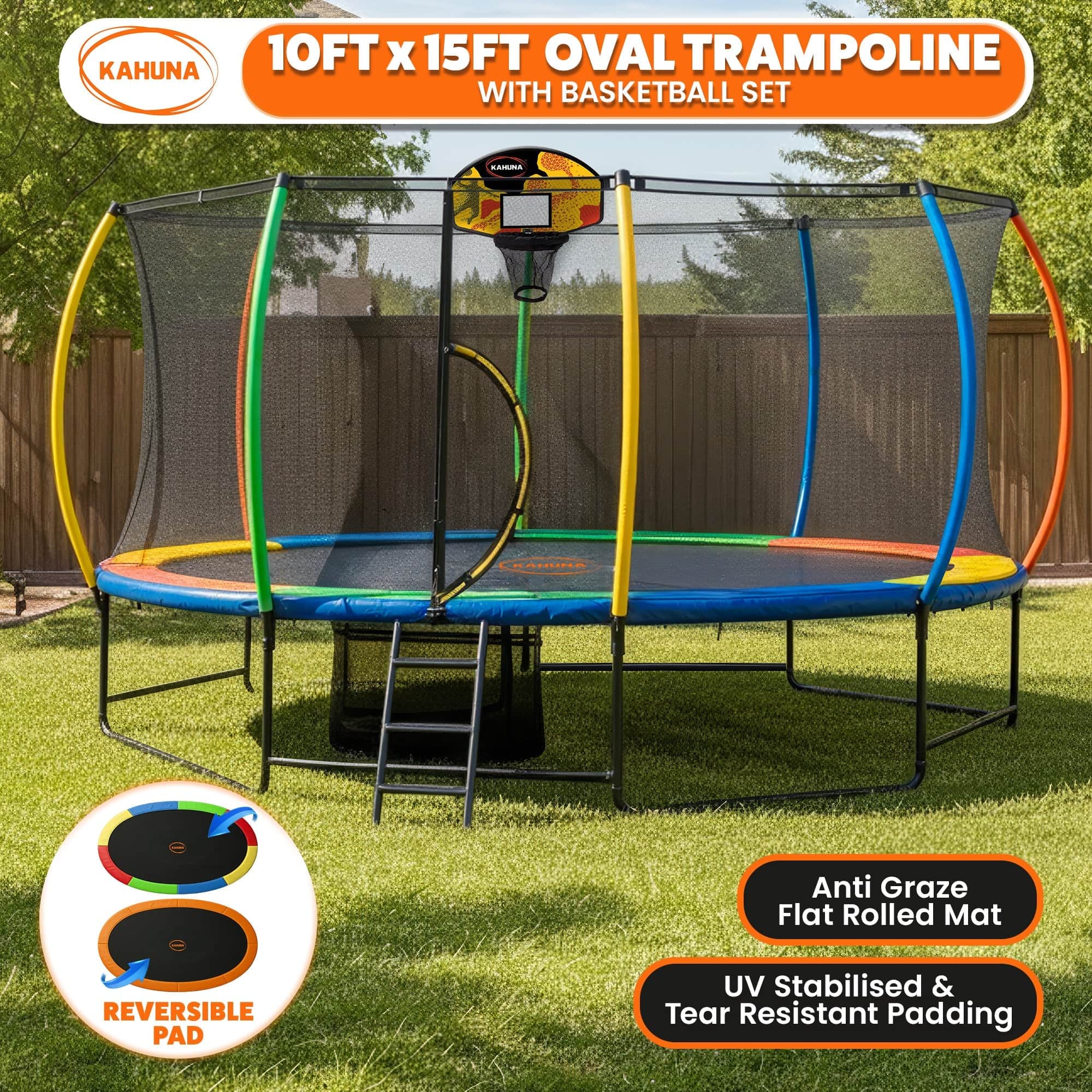 Outdoor 10x15ft Oval Trampoline w/ LED Basketball Hoop Reversible Pad
