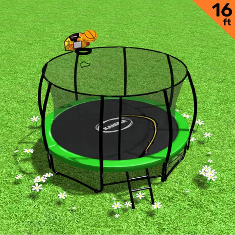 Outdoor 16ft Green Trampoline with Basketball Hoop for Kids Backyard