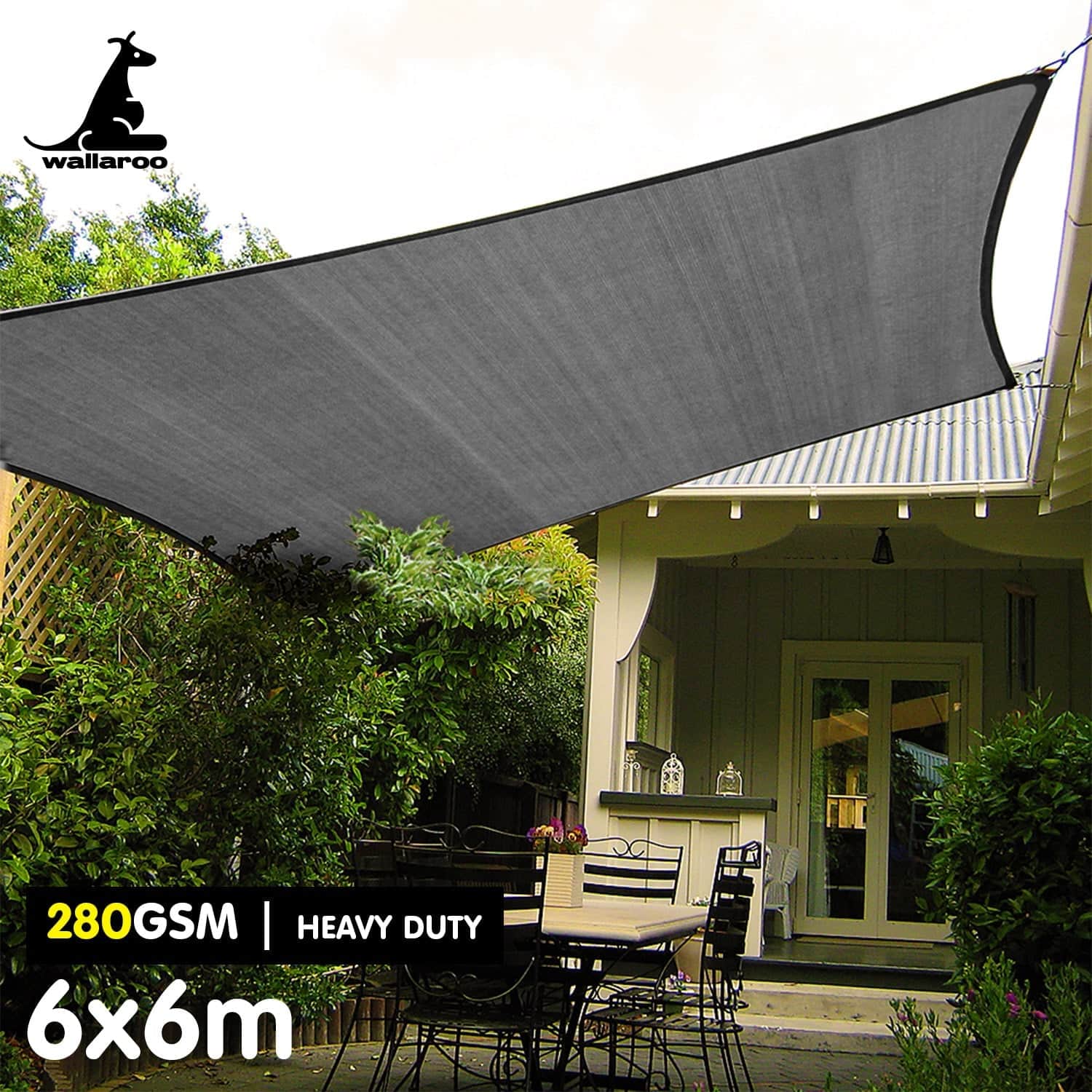 Outdoor 280GSM Sun Shade Sail Canopy Grey 6x6m UV Protection Cover