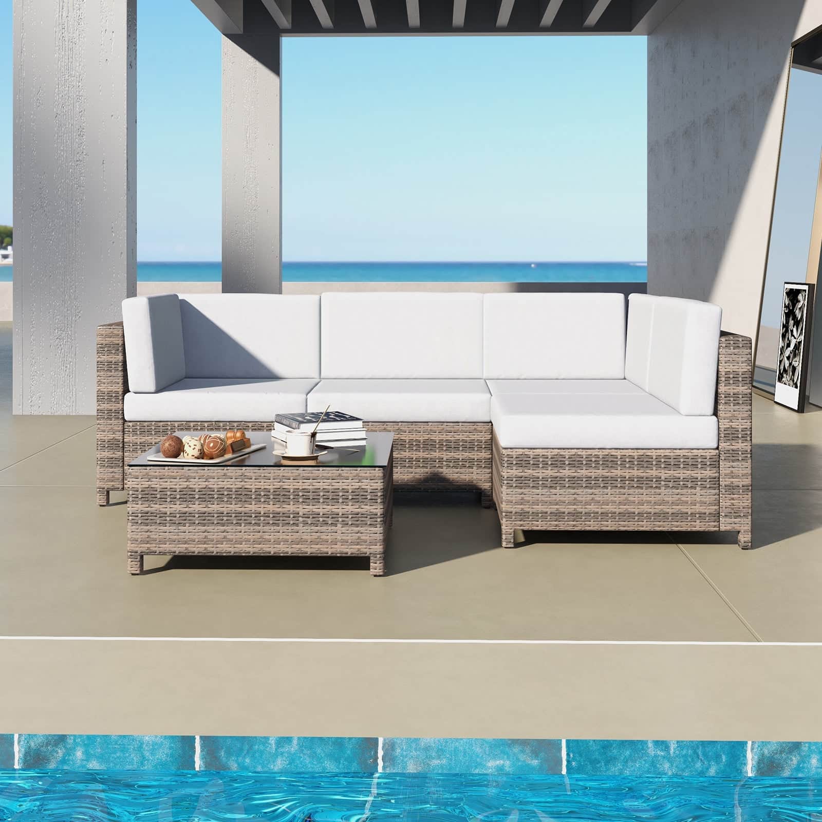 Outdoor 5PC Rattan Sofa Set Oatmeal Cushions Black Frame Patio Furniture