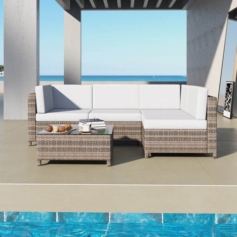 Outdoor 5PC Rattan Sofa Set Oatmeal Cushions Black Frame Patio Furniture