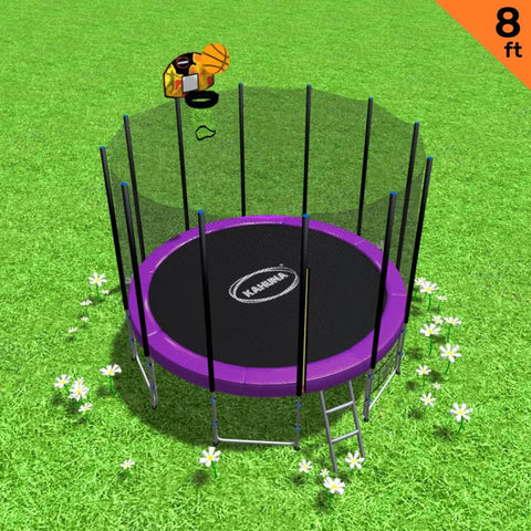 Outdoor 8ft Blizzard Trampoline Green with Purple Kids Basketball Set