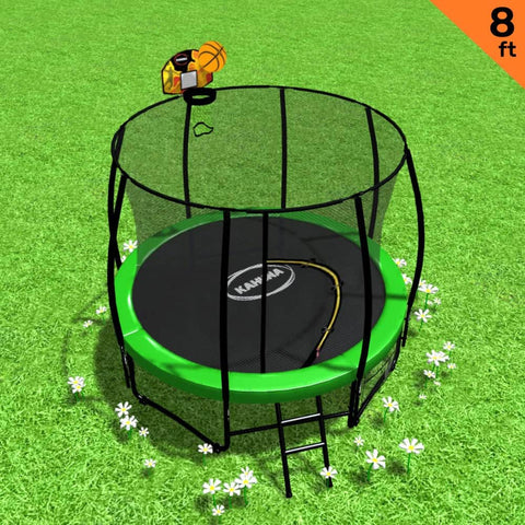 Outdoor 8ft Round Trampoline Green with Basketball Set for Kids