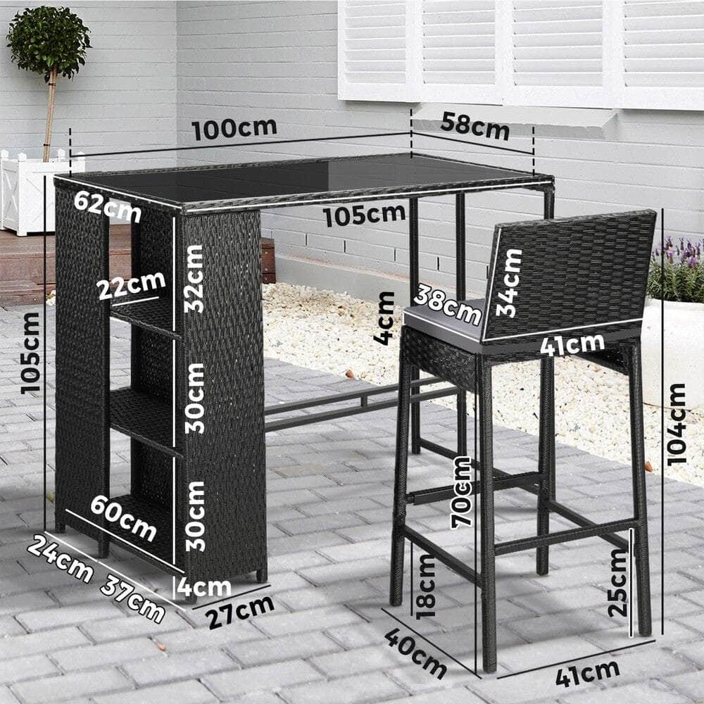 Outdoor Bar Table Dining Chairs Stools Set Rattan Patio Furniture 3 Piece