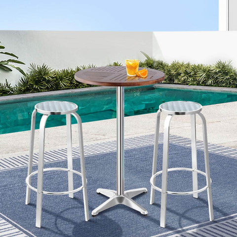 Outdoor Bistro Set Bar Table Stools Adjustable Aluminium Cafe 3PC Wood