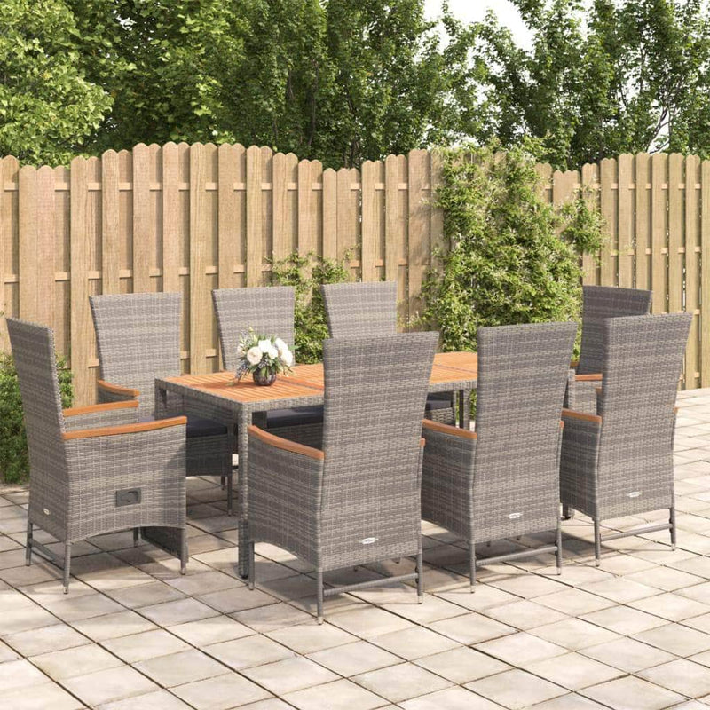 Outdoor Bliss: Stylish 9-Piece Grey Poly Rattan Dining Set with Cushions with Rattan finish