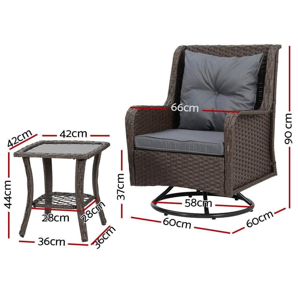 Outdoor Chairs Patio Furniture Lounge Setting 3 Pcs Wicker Swivel Chair Table Bistro Set