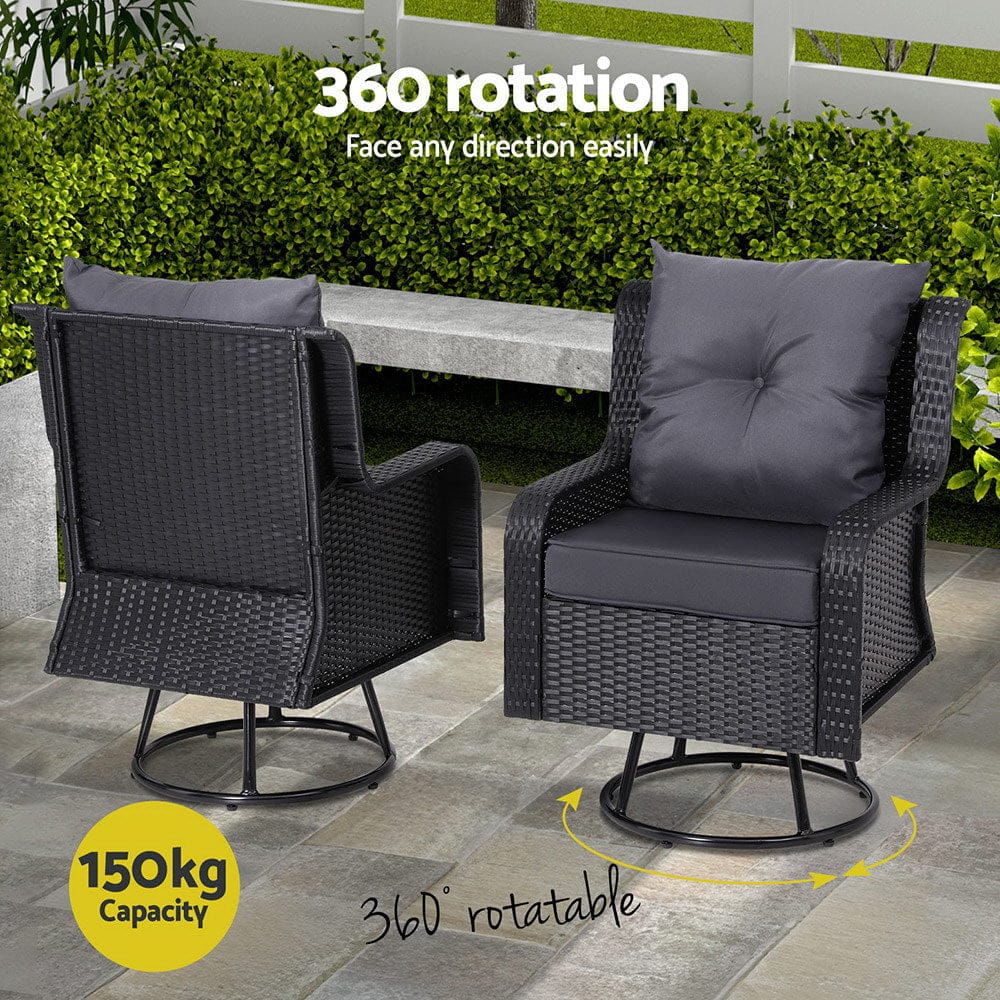 Gardeon 3PC Outdoor Furniture Bistro Set Lounge Wicker Swivel Chairs Table Cushion Black, Patio Setting Pcs