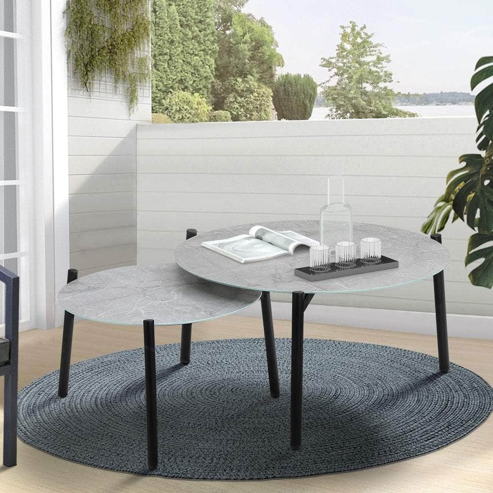 Outdoor Coffee Side Marble Table Set Grey 2PC