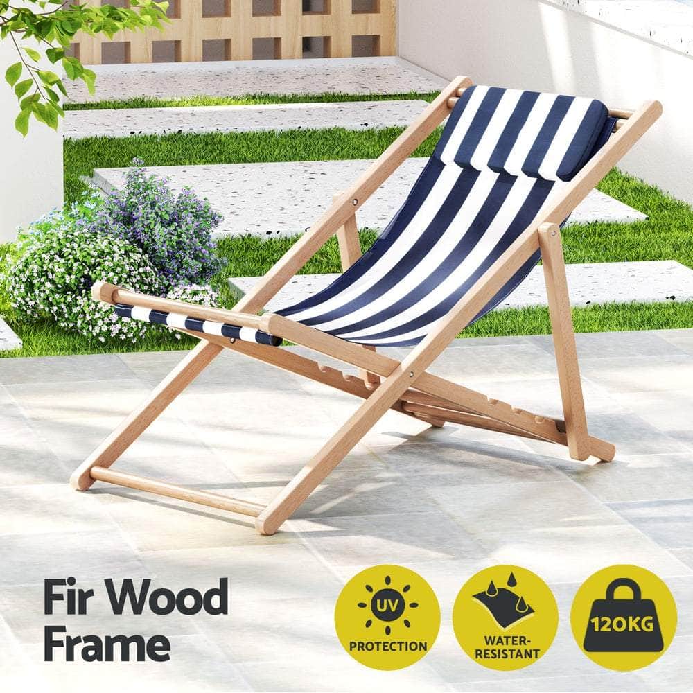 Outdoor Deck Chair Wooden Sun Lounge Folding Beach Patio Furniture Blue