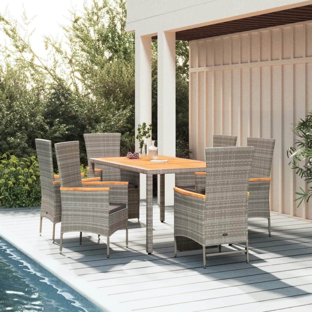 Outdoor Dining: 7-Piece Grey Poly Rattan Garden Set with Cushions