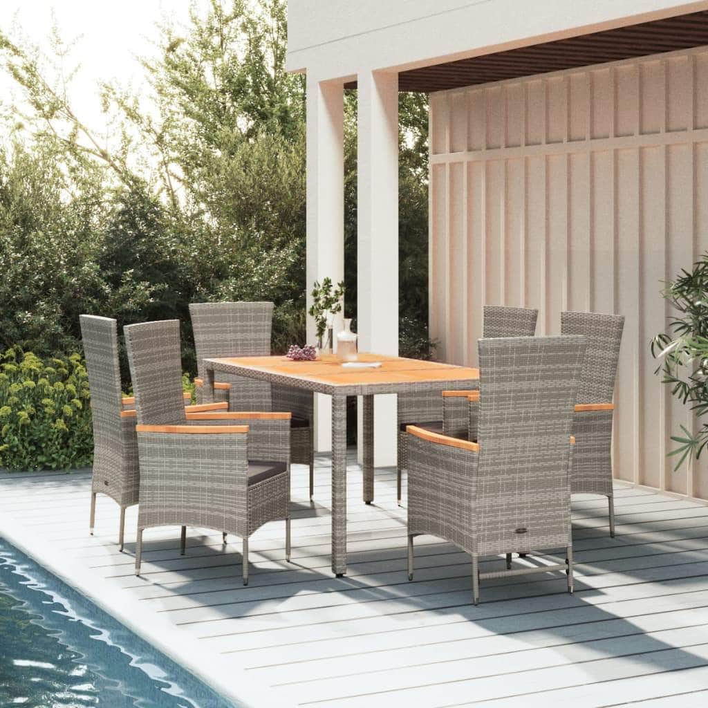 Outdoor Dining: 7-Piece Grey Poly Rattan Garden Set with Cushions