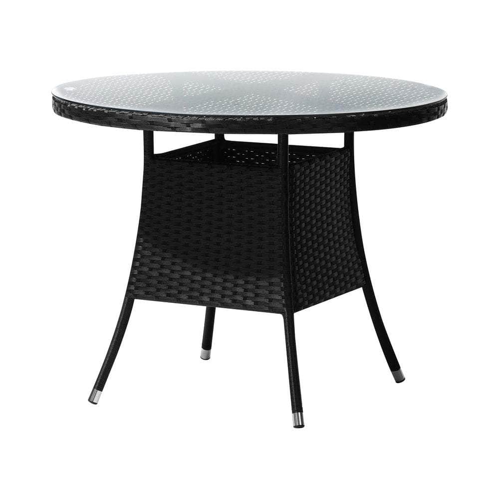 Outdoor Dining Table 90CM Round Rattan Glass Table Patio Furniture Black