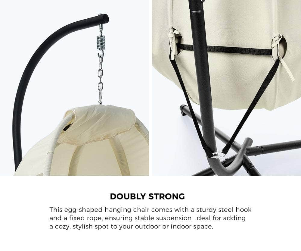 Outdoor Egg Hanging Chair Swing Seat with Stand Cushions Beige & Grey