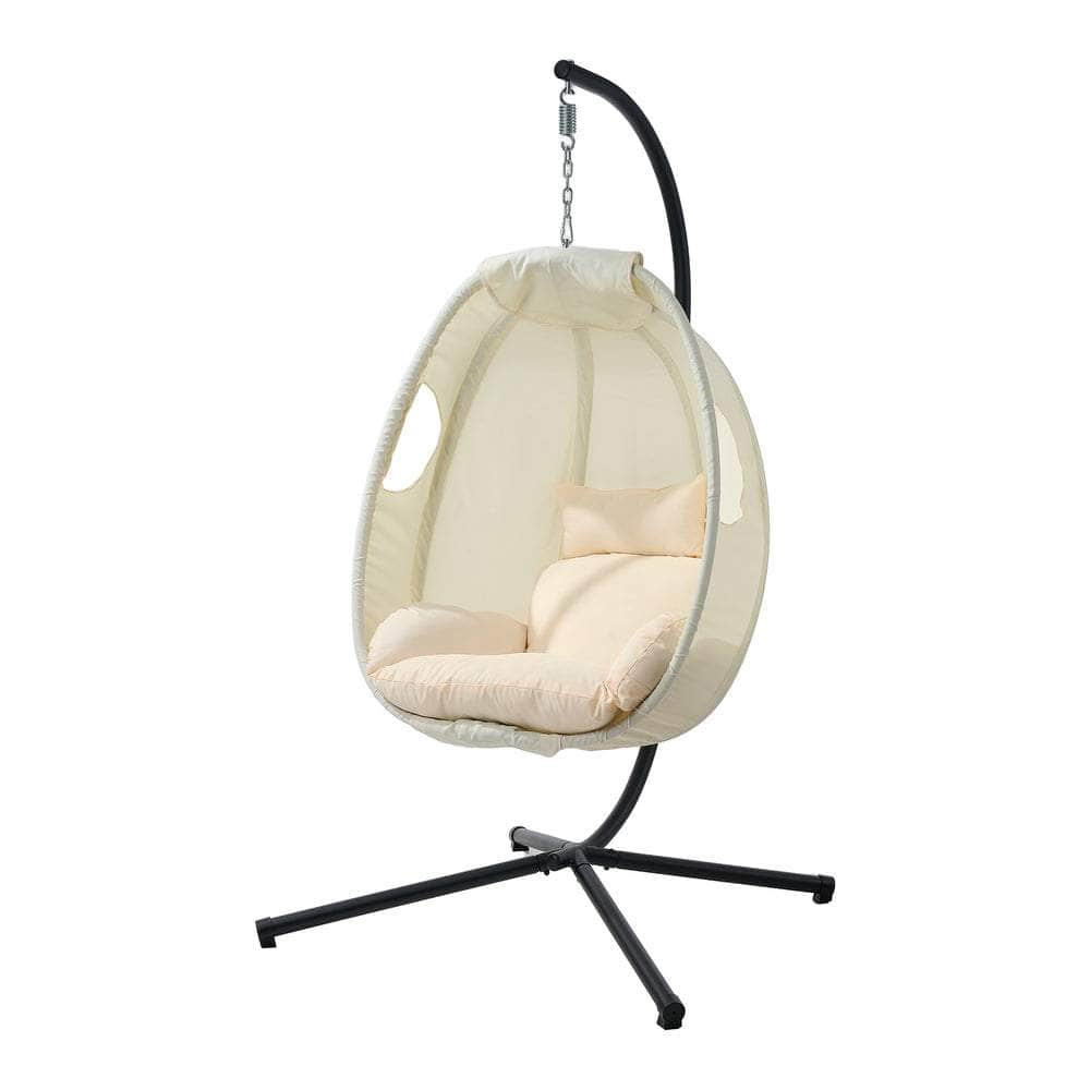 Outdoor Egg Hanging Chair Swing Seat with Stand Cushions Beige & Grey