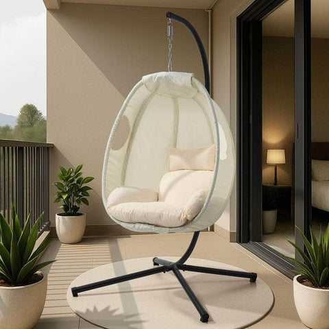 Outdoor Egg Hanging Chair Swing Seat with Stand Cushions Beige & Grey