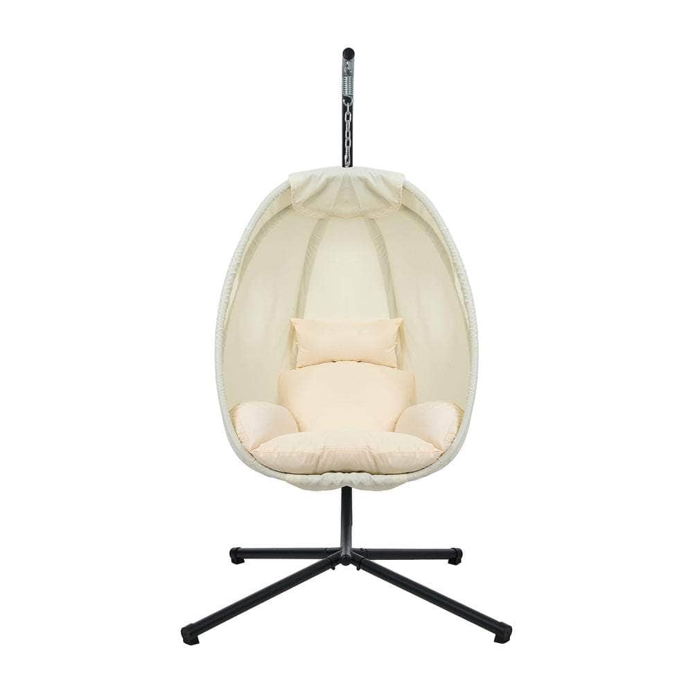 Outdoor Egg Hanging Chair Swing Seat with Stand Cushions Beige & Grey