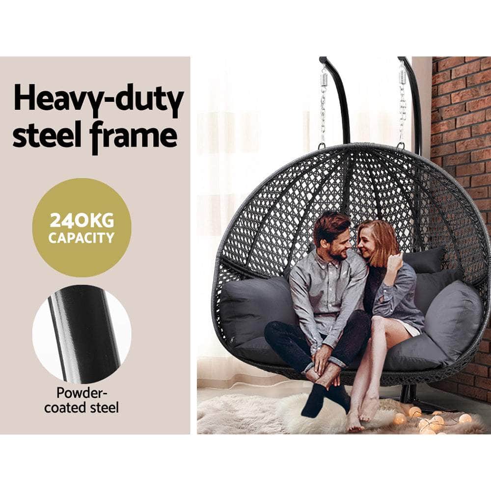 Outdoor Egg Swing Chair Hanging Pod Chair Wicker Cushion 2 Person Grey