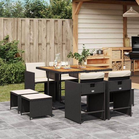 Outdoor Elegance: 9-Piece Black Poly Rattan Dining with Cushions