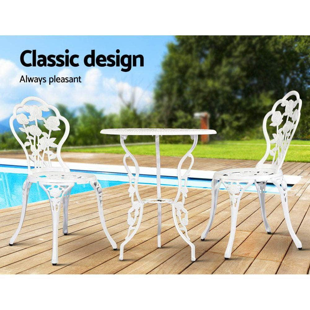 Outdoor Furniture Chairs Table 3pc Aluminium Bistro White