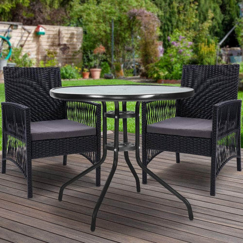 Outdoor Furniture Dining Chairs Rattan Garden Patio Cushion Black 3PCS Tea Coffee Cafe Bar Set