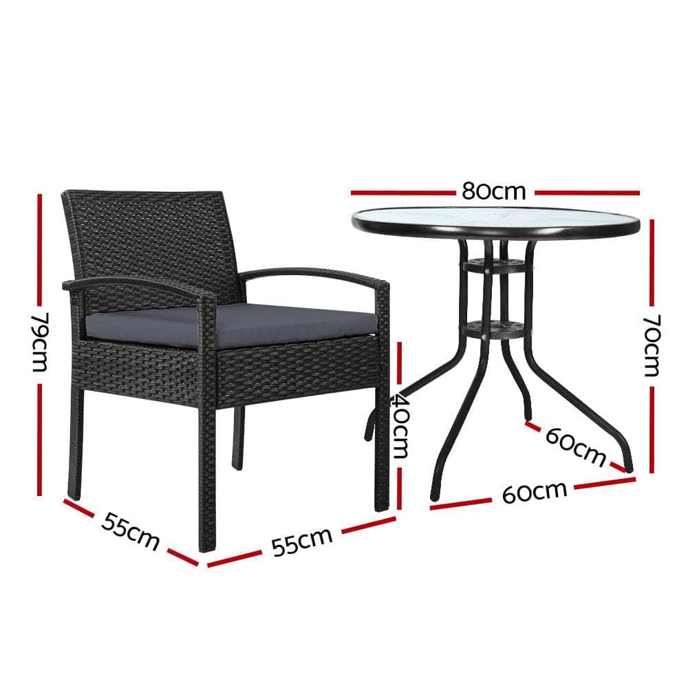 Outdoor Furniture Dining Chairs Wicker Garden Patio Cushion Black 3PCS Sofa Set Tea Coffee Cafe Bar Set