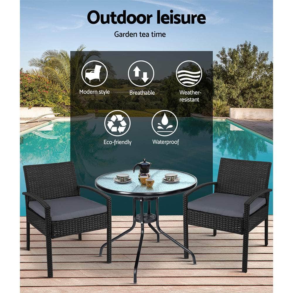 Outdoor Furniture Dining Chairs Wicker Garden Patio Cushion Black 3PCS Sofa Set Tea Coffee Cafe Bar Set