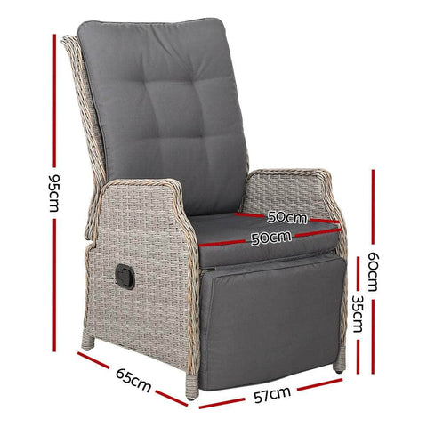 2Pc Recliner Chairs Sun Lounge Wicker Lounger Outdoor Grey