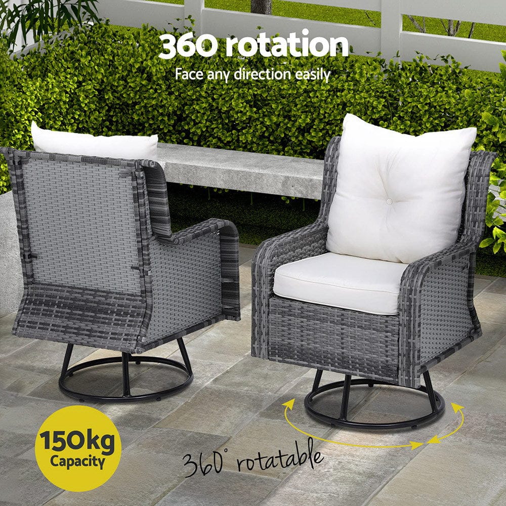 3PC Outdoor Furniture Bistro Set Lounge Wicker Swivel Chairs Table Cushion Grey | Grey colour