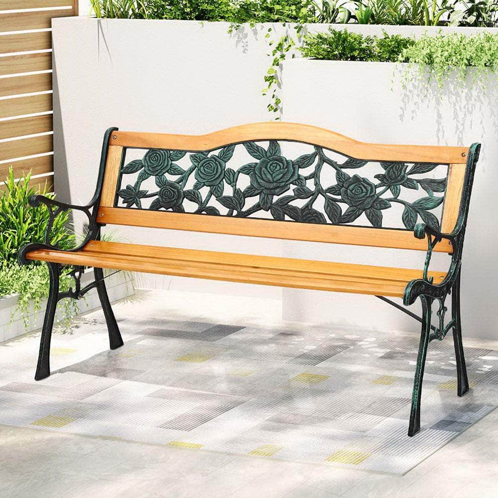Outdoor Garden Bench Seat 126Cm Wooden Cast Iron 3 Seater Patio Furniture