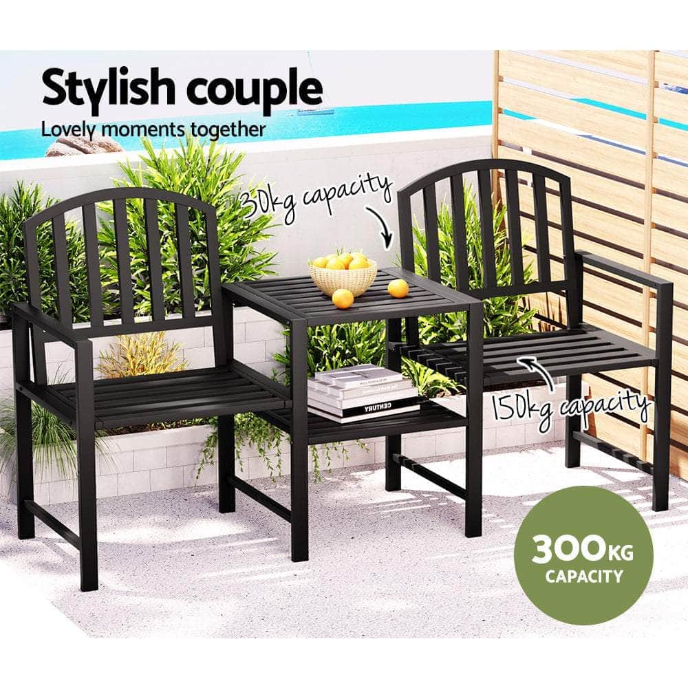 Outdoor Garden Bench Seat Loveseat Steel Table Chairs Patio Furniture Black
